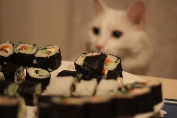 Sushi Japonais Fait Maison Roule Sur Table — Photo