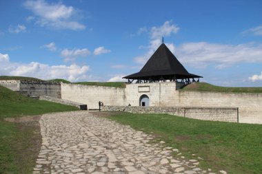 Yeşil bir tarlada eski bir taş kale