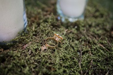 Kandillerin yanında yeşil yosunlarda altın alyanslar.