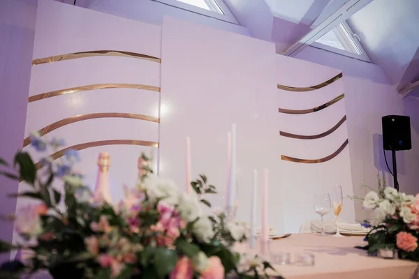 a decor of the wedding table in the restaurant