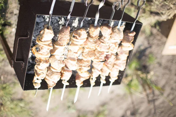 Kebaby Mięsne Smażone Grillu Naturze — Zdjęcie stockowe