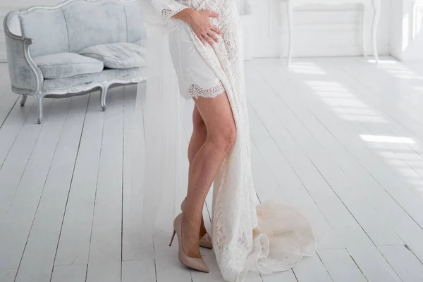 Bride White Robe Going Wedding Morning — Stock Photo, Image