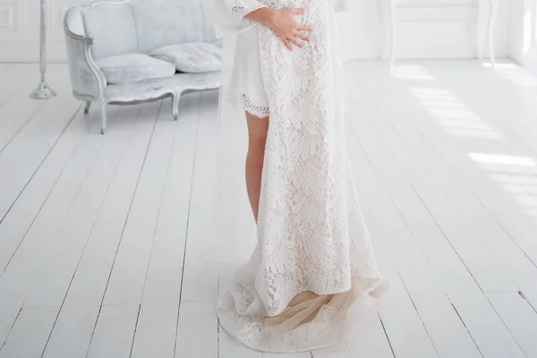 Bride White Robe Going Wedding Morning — Stock Photo, Image