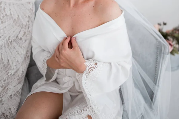 Bride White Robe Going Wedding Morning — Stock Photo, Image