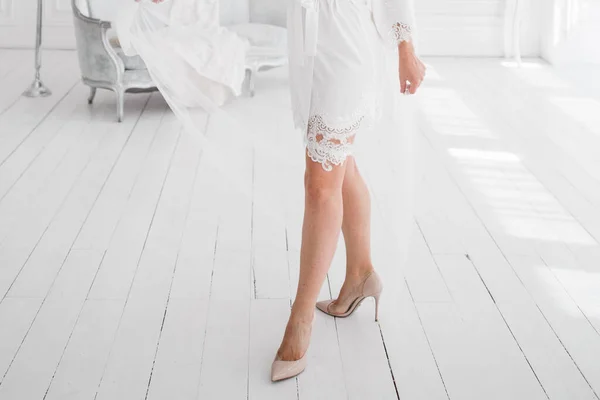 Bride White Robe Going Wedding Morning — Stock Photo, Image