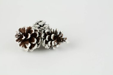 Noel ağacı oyuncakları Beyaz arka planda çam kozalakları