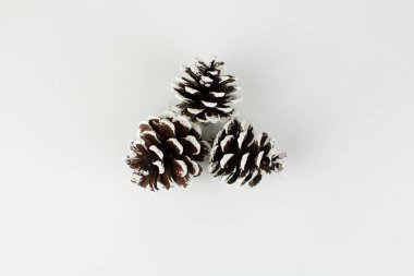 Noel ağacı oyuncakları Beyaz arka planda çam kozalakları