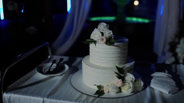 Bolo Casamento Noite Perto Arco Casamento — Vídeo de Stock