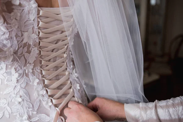 Bride Wearing Wedding Dress Morning — Stock Photo, Image