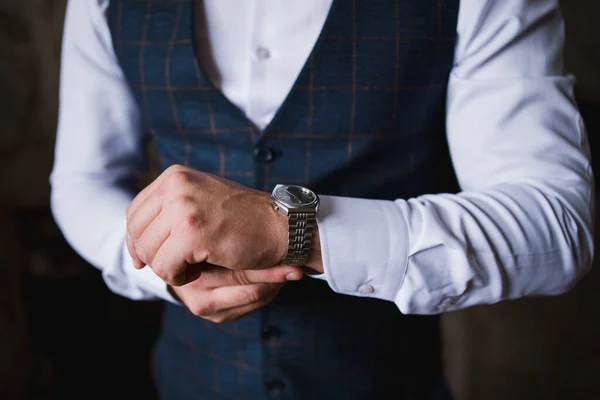 Man Puts Watch His Hand Morning — Stock Photo, Image