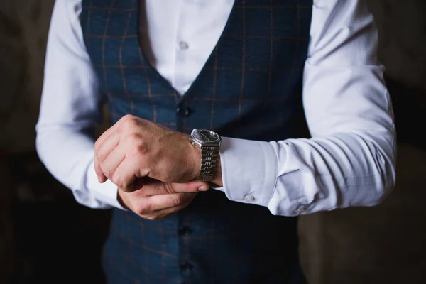 Man Puts Watch His Hand Morning — Stock Photo, Image