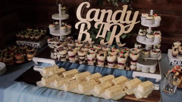 Different Sweets Wedding Candy Bar Restaurant — Stock Video