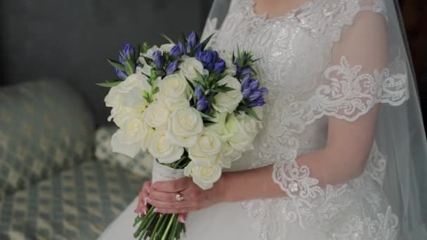 Bride Wedding Dress Holding Beautiful Bouquet — Stock Video