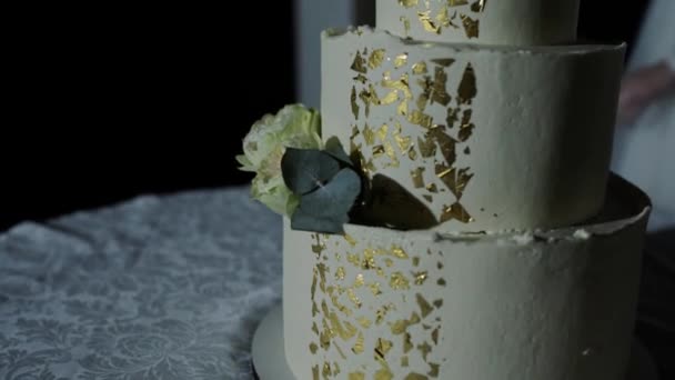 Красивый Свадебный Торт Вечером Возле Арки — стоковое видео