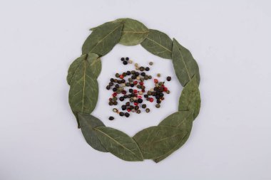 Beyaz arka planda karabiberli bir defne yaprağı.