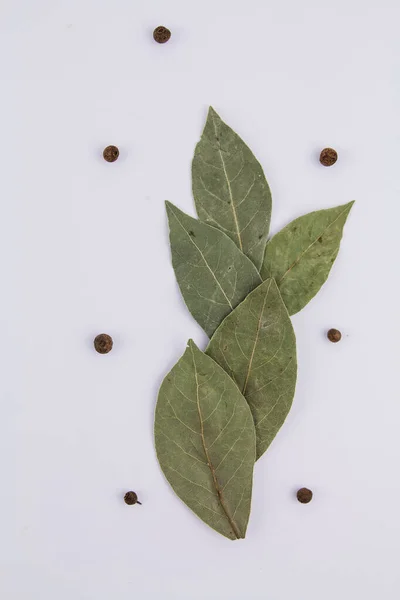 白い背景に甘いエンドウ豆のあるベイリーフ — ストック写真