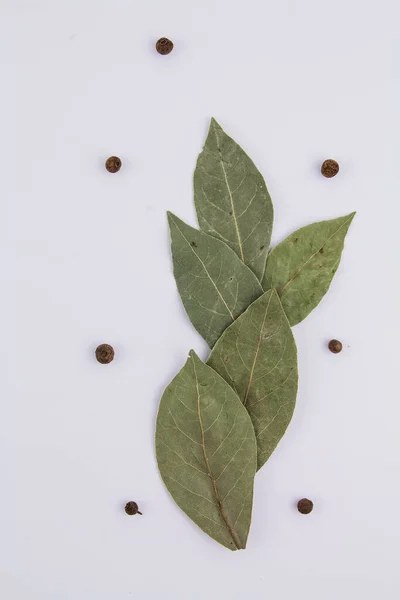 白い背景に甘いエンドウ豆のあるベイリーフ — ストック写真