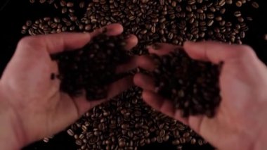 Erkek elleri taze kavrulmuş kahve tanelerini ayırıyor.