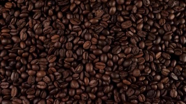 Een Vers Gebrande Koffiebonen Die Tafel Vallen — Stockvideo
