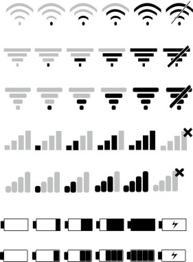Bir telefon sinyali ve pil simgeleri. Ağ sinyalleri ve telefon şarj seviyeleri için vektör mobil arayüz çubuğu simgesi ayarlandı