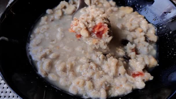 Muesli Granola Eaten Plate Morning Spoon — Stock Video