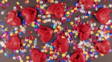 Küçük pulların renkli arkaplanı kalpli bayram doğum günü partisi için