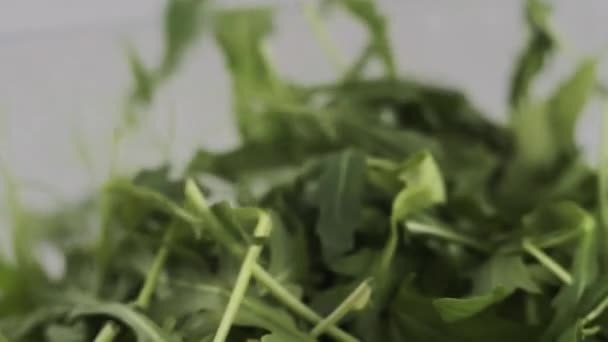 Grüne Rucola Salattropfen Auf Weißem Tisch — Stockvideo