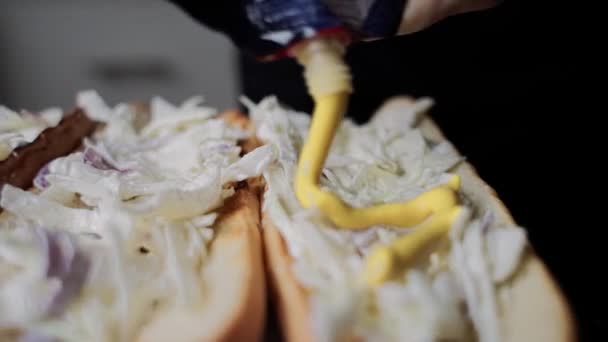 Pour Mustard Top Hot Dog — Stock Video