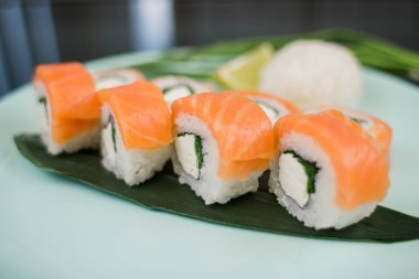 Somon, beyaz pirinç ve krem peynirli bir rulo.