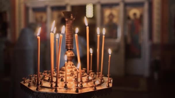 Yellow Church Candles Burn Church — Vídeo de Stock