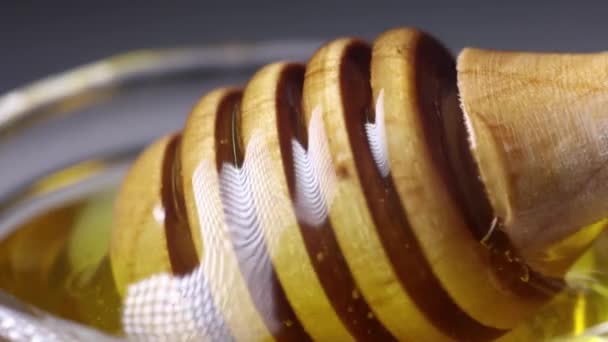 Fresh Golden Honey Pours Beautifully Wooden Honey Spoon — Stock Video