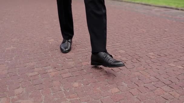 Hombre Con Traje Zapatos Negros Camina Por Camino — Vídeo de stock