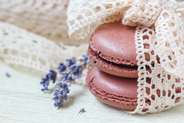 Pastel colored macaroon with vintage lace ribbon bow and lavender on light background — Stock Photo, Image