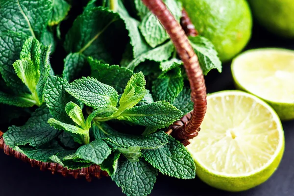 Agrumes frais citron vert et menthe gros plan sur fond sombre — Photo