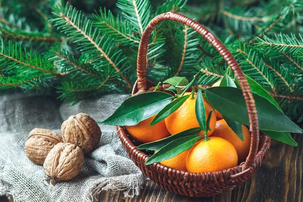 Composición navideña de Año Nuevo con mandarinas, nueces y ramas de abeto en estilo rústico sobre fondo de madera viejo, enfoque selectivo — Foto de Stock