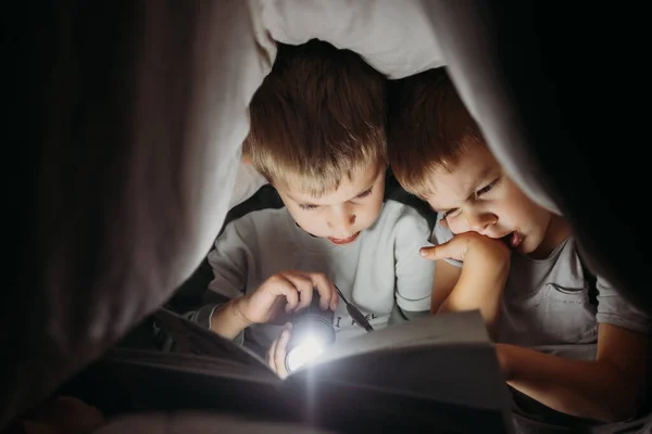 Два младших брата ночью читают книгу, прячась под одеялом. — стоковое фото