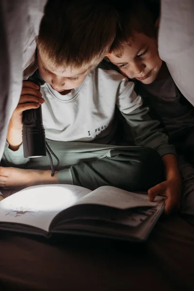 Dva malí bratři, kteří si v noci čtou knížku schovanou pod dekou. — Stock fotografie