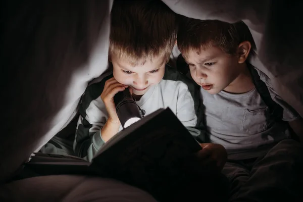 Deux petits frères lisant un livre la nuit se cachant sous la couverture — Photo