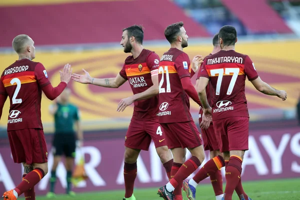 Roma Italia 2020 Roma Players Celebra Obiettivo Nella Partita Campionato — Foto Stock