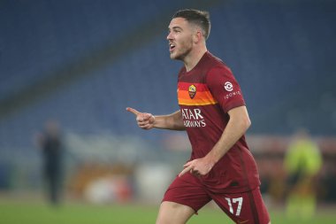ROME, İtalya - 23.12.2020: JORDAN VERETOut (ROMA) İtalyan Serisi A Ligi 2020 futbol maçında ROMA-CAGLIARI Olimpiyat Stadyumu 'ndaki AS ROMA-CAGLIARI arasındaki golü kutladı