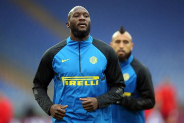 ROME, İtalya - 10.01.2021: R.Lukaku (Inter) İtalya Serisi 2020-2021 sezonu öncesi Roma Olimpiyat Stadyumu 'nda AS ROMA FC INTER karşılaşması arasında yapılan antrenman sırasında