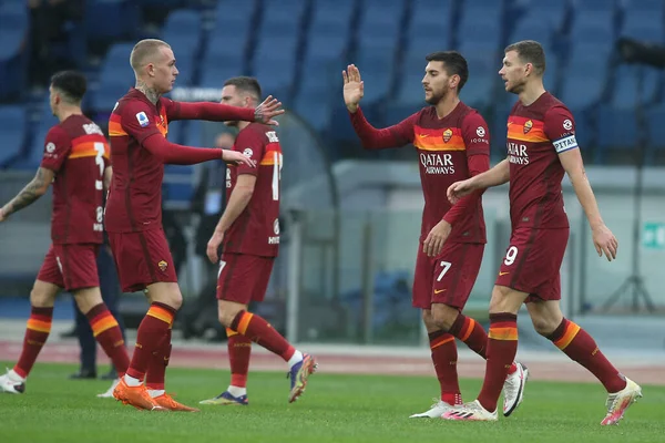 Rome Włochy 2021 Pellegrini Roma Celebrates Goal Podczas Włoskiej Ligi — Zdjęcie stockowe