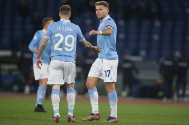 ROME, İtalya - 15.01.2021: Ciro Immobile (LAZIO) İtalya Serie A Ligi 2020-2021 futbol karşılaşması sırasında Roma Olimpiyat Stadyumu 'nda SS LAZIO - AS ROMA arasında oynanan maçta Ciro Immobile (LAZIO) CELEBRATES gol attı.