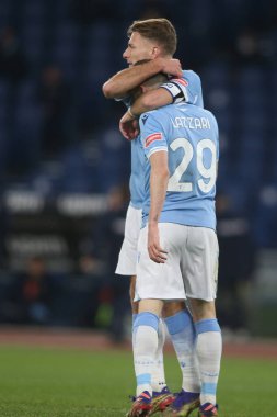 ROME, İtalya - 15.01.2021: Ciro Immobile (LAZIO) İtalya Serie A Ligi 2020-2021 futbol karşılaşması sırasında Roma Olimpiyat Stadyumu 'nda SS LAZIO - AS ROMA arasında oynanan maçta Ciro Immobile (LAZIO) CELEBRATES gol attı.