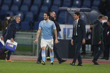 ROME, İtalya - 15.01.2021: Luis Alberto (LAZIO) Roma 'daki Olimpiyat Stadyumu' nda SS LAZIO - AS ROMA arasında oynanan 2020-2021 sezonunda İtalya Serie A Ligi 'nde oynanan müsabaka sırasında gol ve ünlem attı.