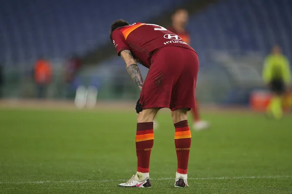 Řím Itálie 2021 Roger Ibanez Roma Akci Během Derby Italském — Stock fotografie