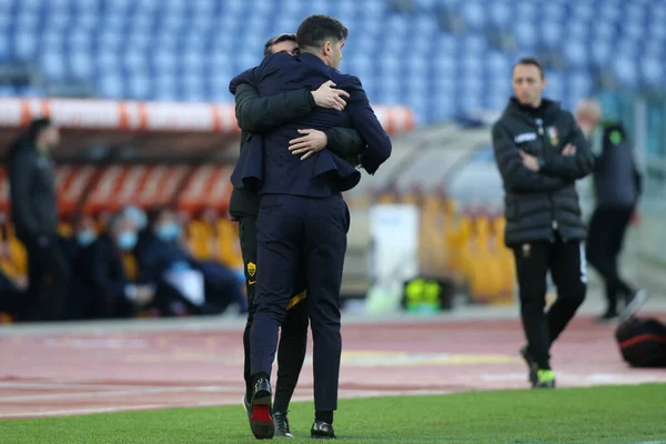 Rome Italie 2021 Paulo Fonseca Roma Célèbre Ligue Italienne Football — Photo