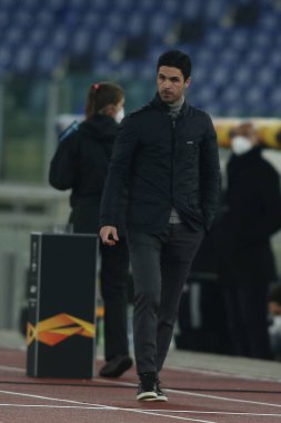 Roma, İtalya - 18 / 02 / 2021: Roma 'daki Olimpiyat Stadyumu' nda BENFICA ile ARSENAL arasında oynanan 32 futbol karşılaşmasının UEFA EUROPE LeAGUE 20 / 21.