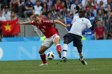 MOSCOW, Rusya 26 Haziran 2018: Rusya Beşinci Dünya Kupası, C Grubu, Luzhniki Stadyumu MOSCOW 'da oynanan DENMARK V FRANCE futbol karşılaşması sırasında oyuncu CHRISTIAN ERIKSEN.
