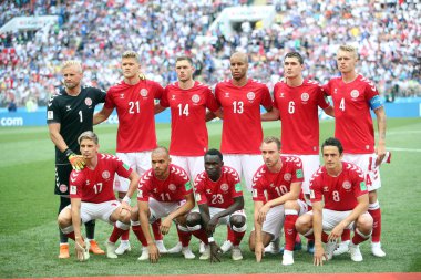 MOSCOW, Rusça 26 Haziran 2018: DENMARK DENMARK TİKSEN 'DE CHRISTIAN Rusya 2018, C Grubu, futbol karşılaşması DENMARK V FRANCE Luzhniki Stadyumu MOSCOW.